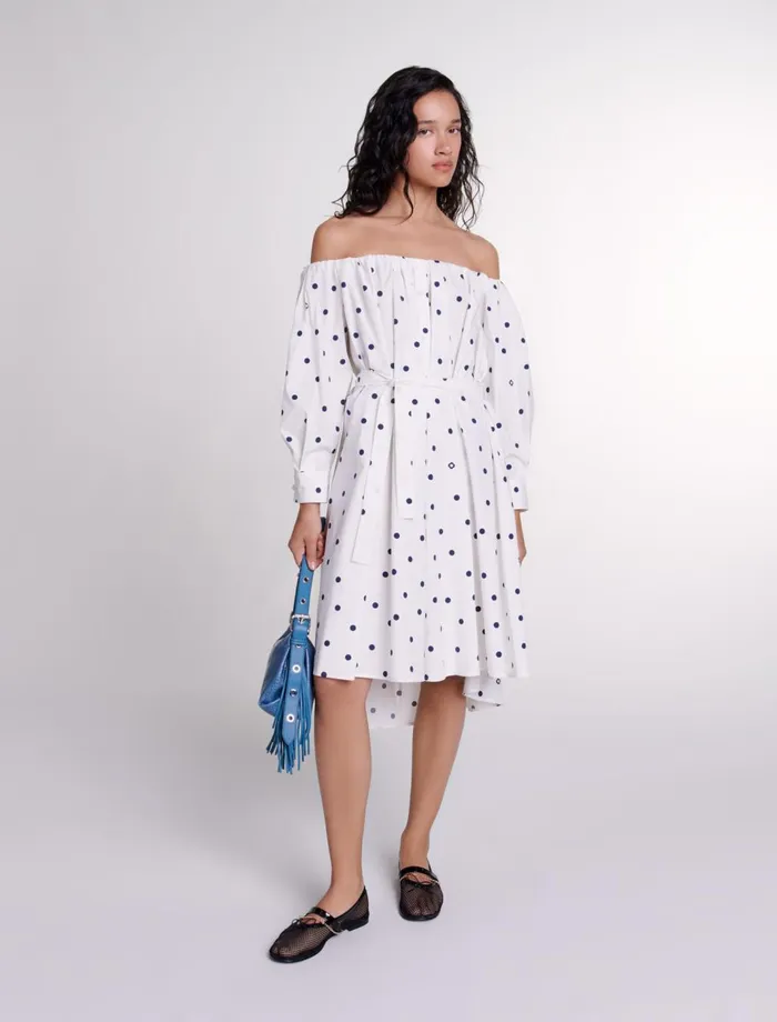 Dresses Women Maje Shirt Dress With Bardot Neckline Navy Polka Dots