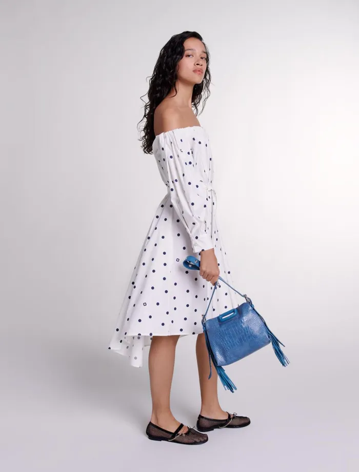 Dresses Women Maje Shirt Dress With Bardot Neckline Navy Polka Dots