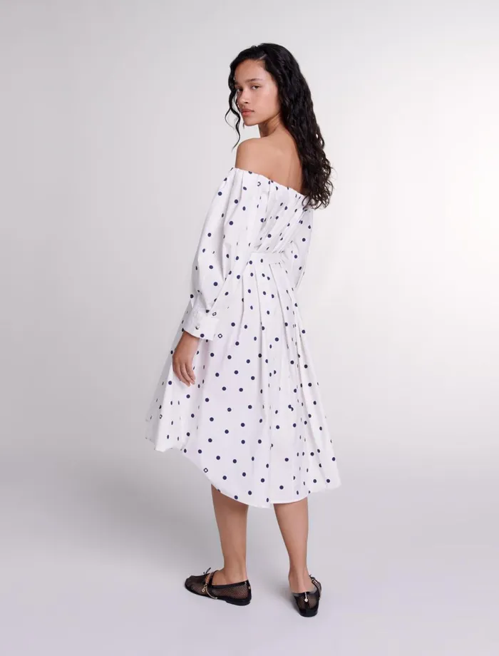 Dresses Women Maje Shirt Dress With Bardot Neckline Navy Polka Dots