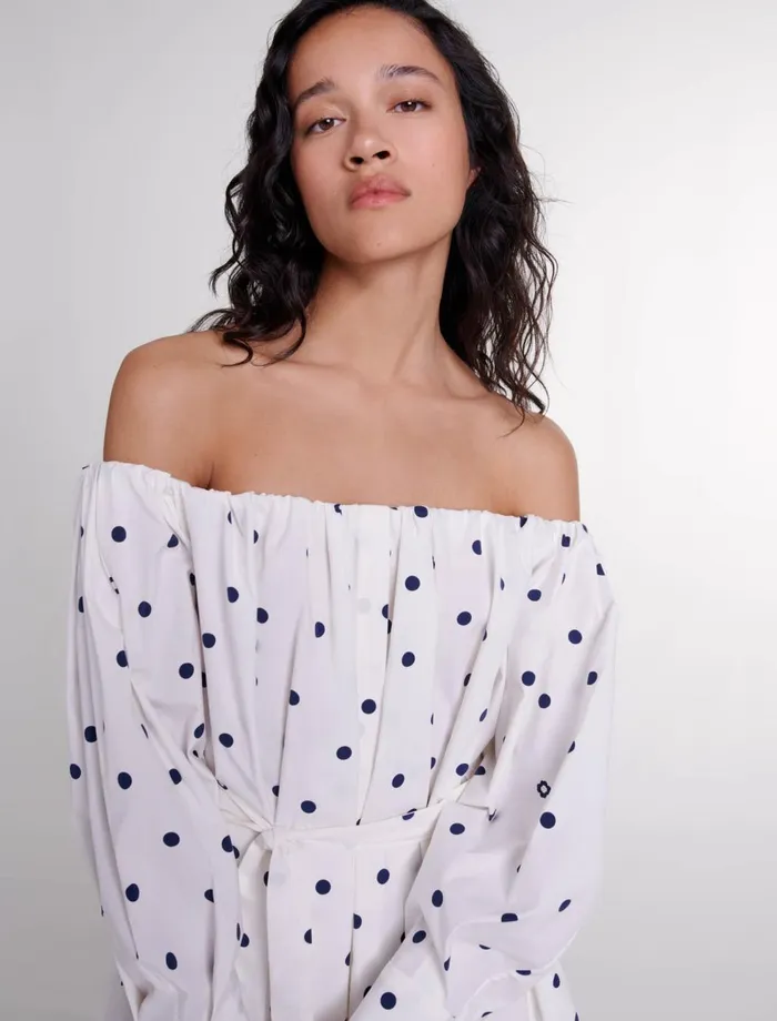 Dresses Women Maje Shirt Dress With Bardot Neckline Navy Polka Dots