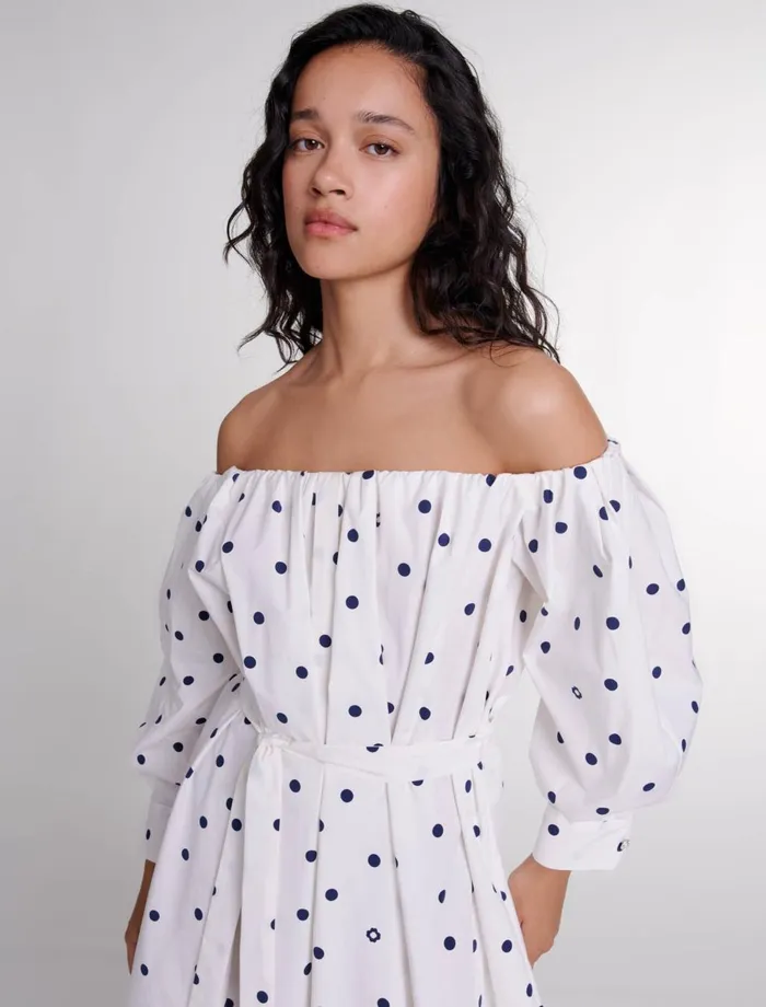 Dresses Women Maje Shirt Dress With Bardot Neckline Navy Polka Dots