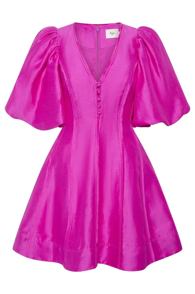 Dusk Puff Sleeve Mini Dress Deep Magenta Women Aje Pink Dresses