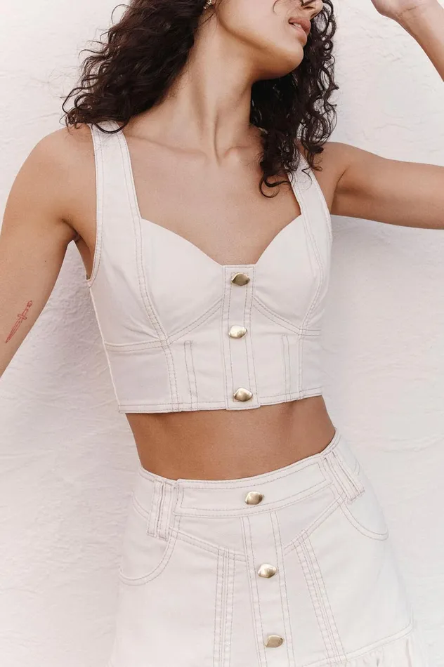 Elena Denim Cropped Bustier White Women Aje Denim