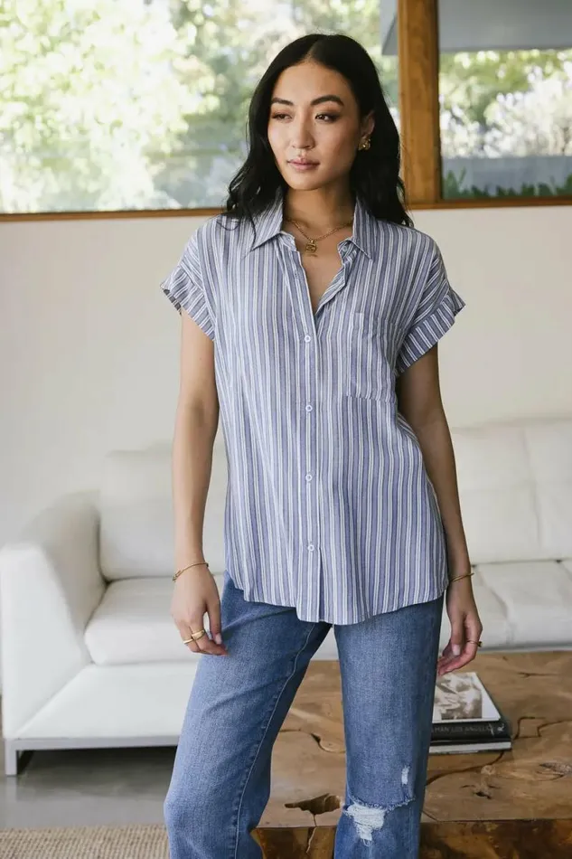 Elora Striped Button Up Blue Women Bohme Tops