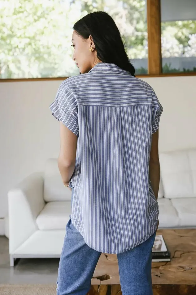 Elora Striped Button Up Blue Women Bohme Tops