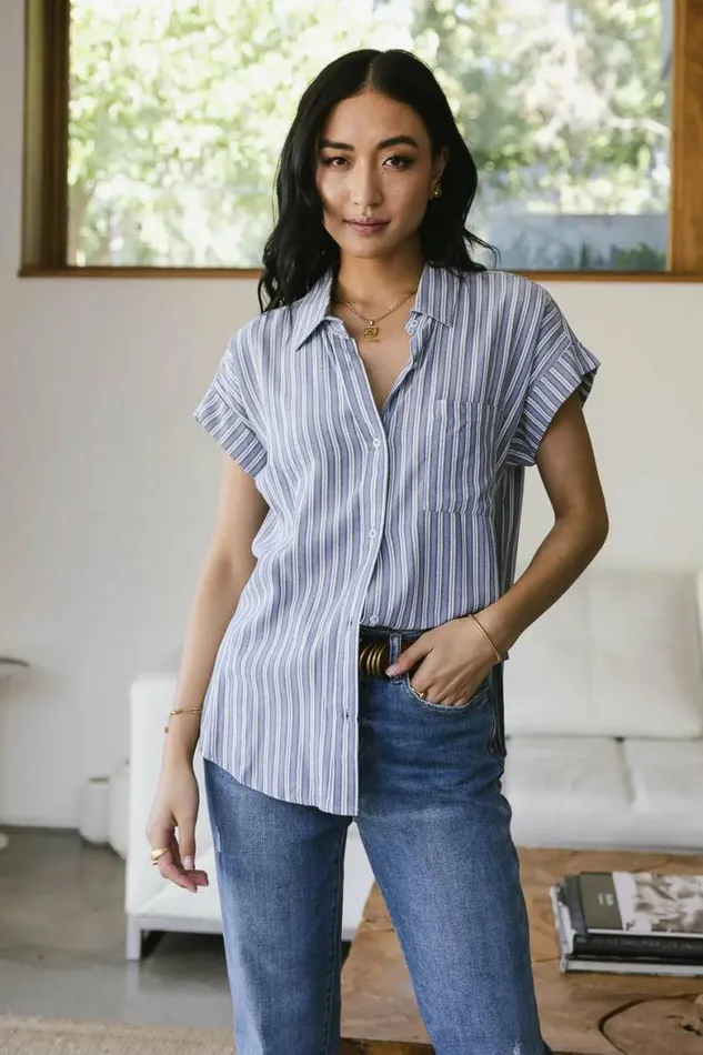 Elora Striped Button Up Blue Women Bohme Tops