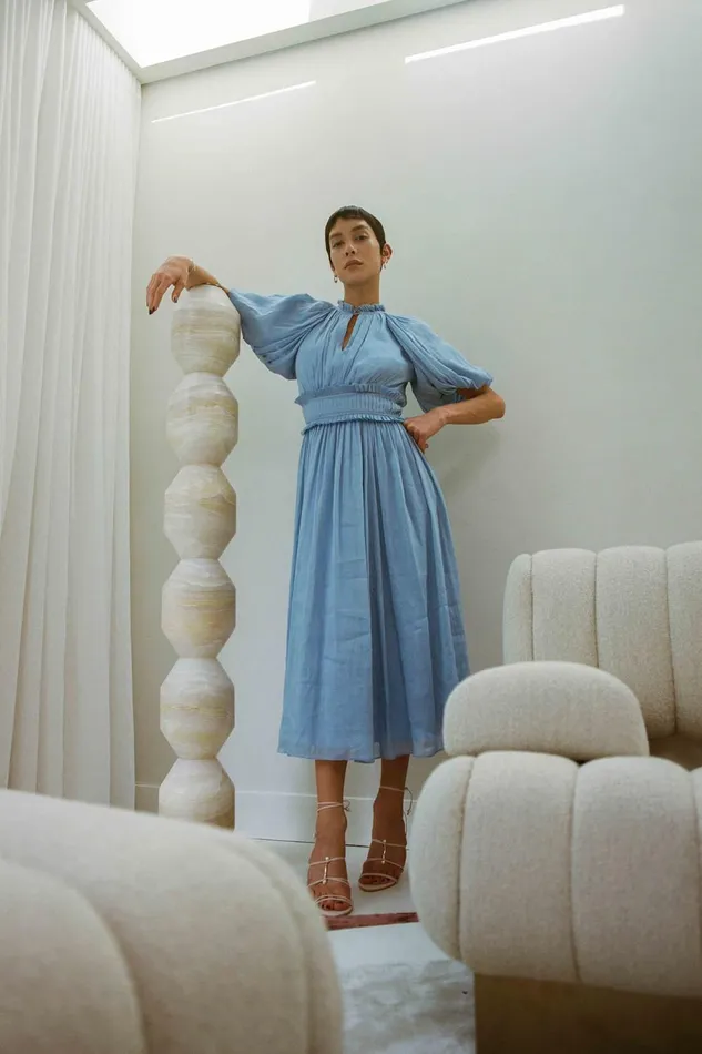 Elysium Blouson Midi Dress Steel Blue Women Aje Midi Dresses
