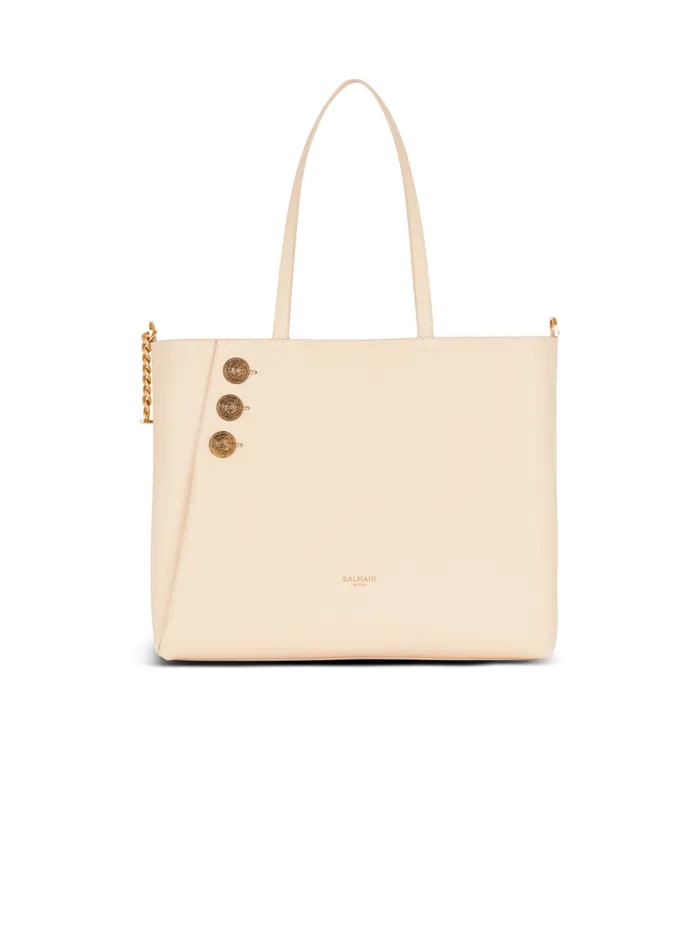 Emblegraveme Grained Leather Tote Bag Beige Women Balmain Shoulder Bags