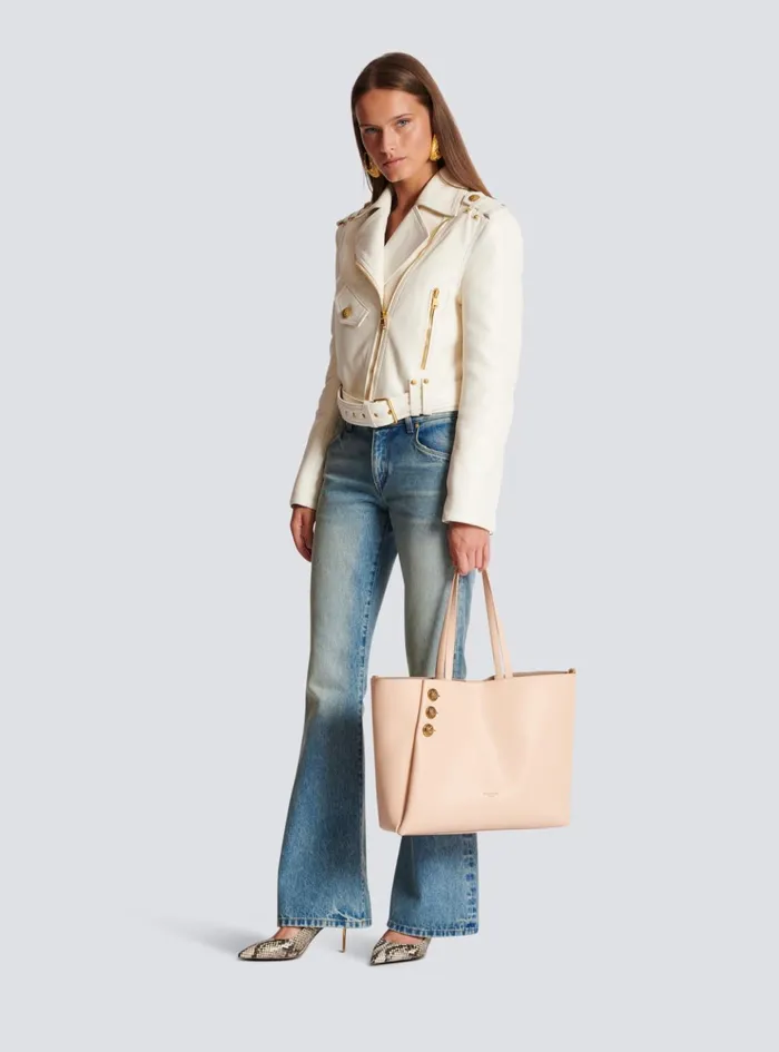Emblegraveme Grained Leather Tote Bag Beige Women Balmain Shoulder Bags