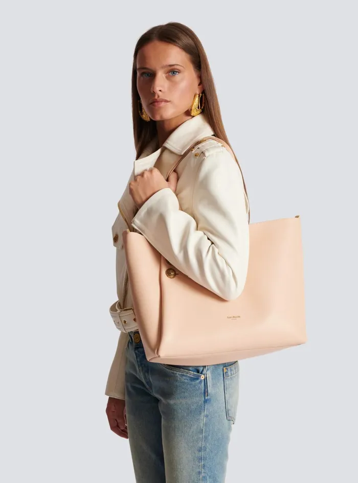 Emblegraveme Grained Leather Tote Bag Beige Women Balmain Shoulder Bags