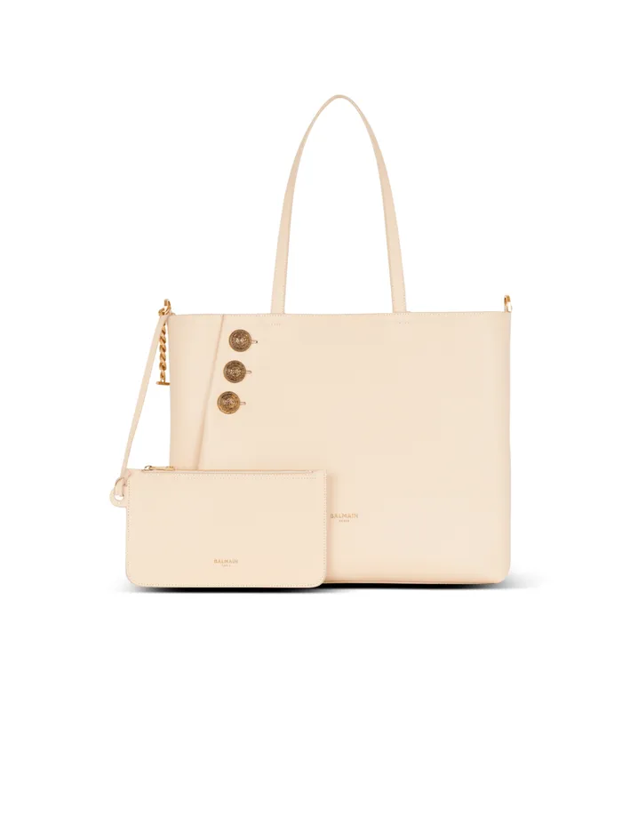 Emblegraveme Grained Leather Tote Bag Beige Women Balmain Shoulder Bags