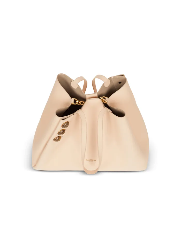 Emblegraveme Grained Leather Tote Bag Beige Women Balmain Shoulder Bags