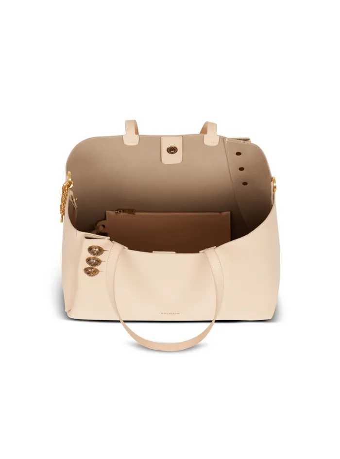 Emblegraveme Grained Leather Tote Bag Beige Women Balmain Shoulder Bags