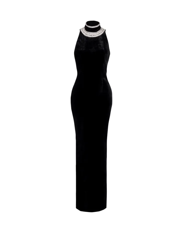 Embroidered Velvet Halterneck Dress Black Women Balmain Dresses