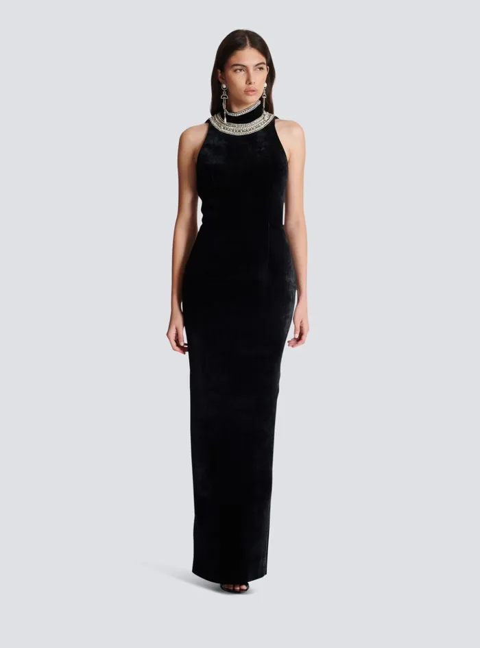 Embroidered Velvet Halterneck Dress Black Women Balmain Dresses