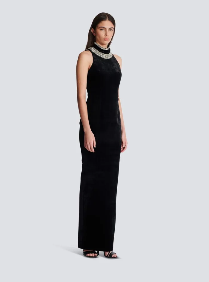 Embroidered Velvet Halterneck Dress Black Women Balmain Dresses
