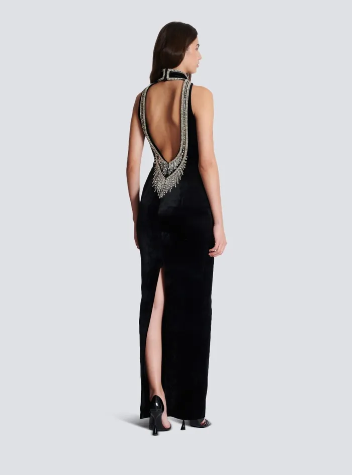 Embroidered Velvet Halterneck Dress Black Women Balmain Dresses