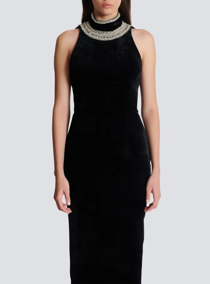 Embroidered Velvet Halterneck Dress Black Women Balmain Dresses