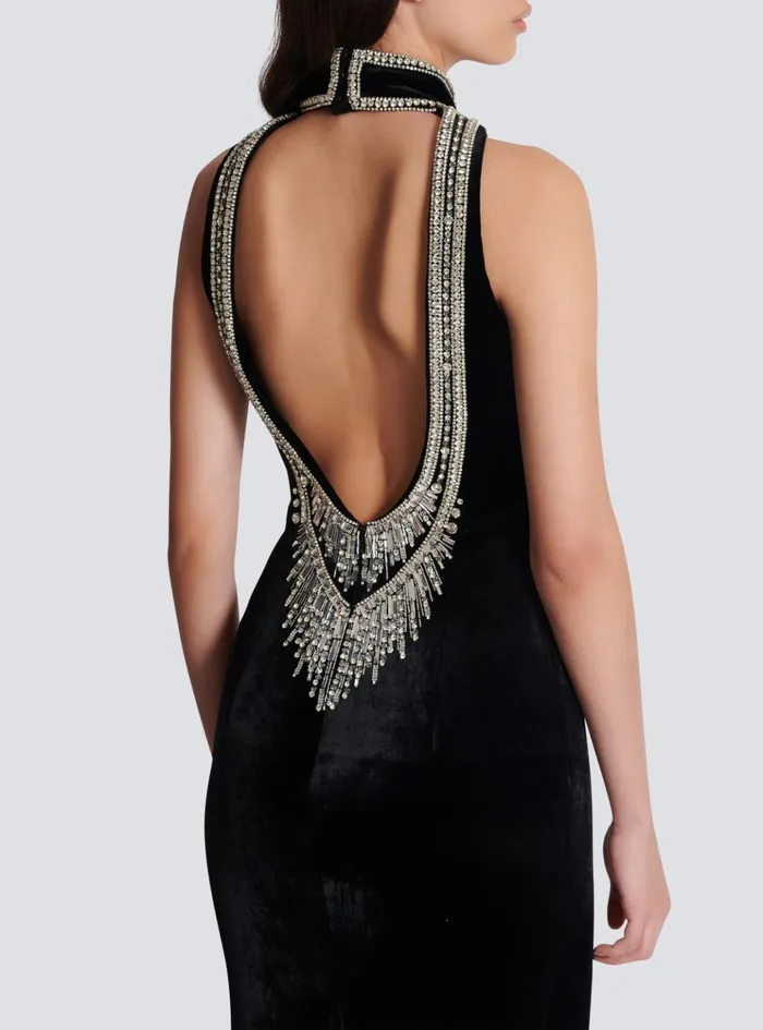 Embroidered Velvet Halterneck Dress Black Women Balmain Dresses