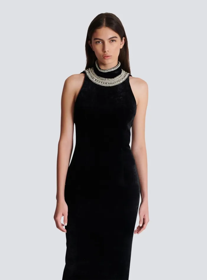 Embroidered Velvet Halterneck Dress Black Women Balmain Dresses