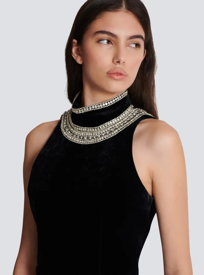 Embroidered Velvet Halterneck Dress Black Women Balmain Dresses