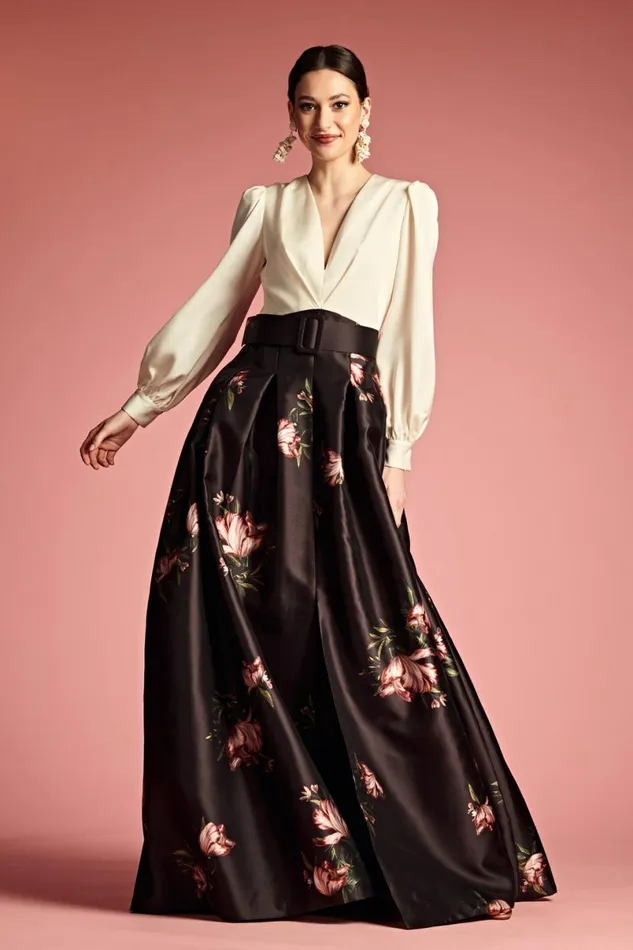 Evening Women Sachin and Babi Zoe Gown 8211 IvoryNoir Blossom