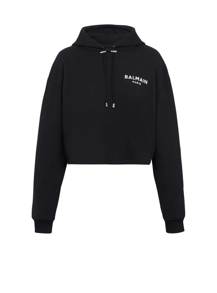 Flocked Paris Hoodie Black Women Balmain Sweatshirts