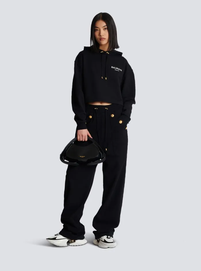 Flocked Paris Hoodie Black Women Balmain Sweatshirts
