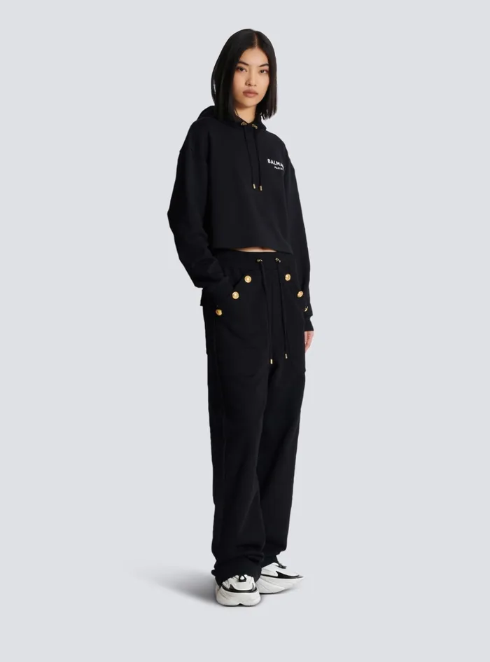 Flocked Paris Hoodie Black Women Balmain Sweatshirts