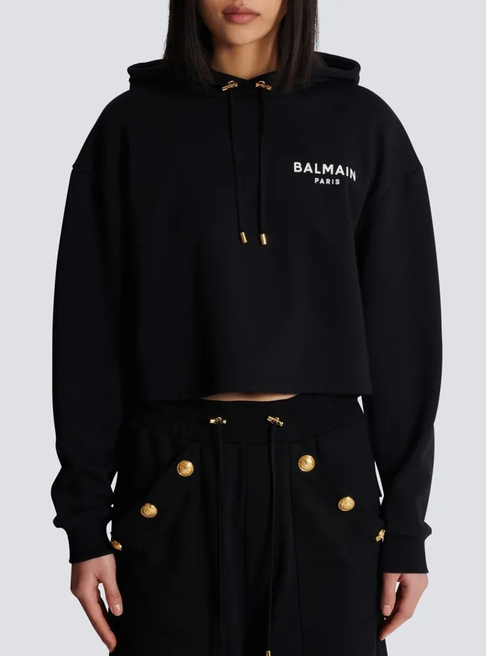 Flocked Paris Hoodie Black Women Balmain Sweatshirts