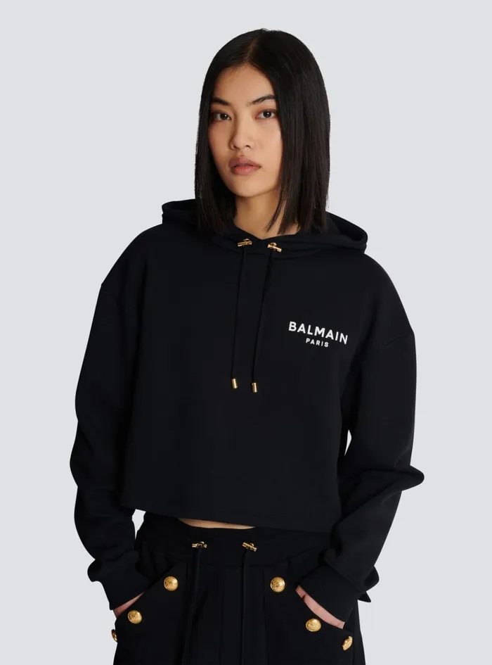 Flocked Paris Hoodie Black Women Balmain Sweatshirts