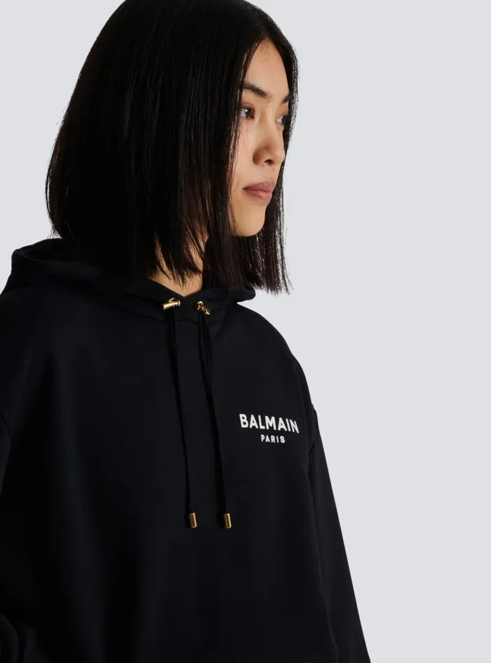 Flocked Paris Hoodie Black Women Balmain Sweatshirts