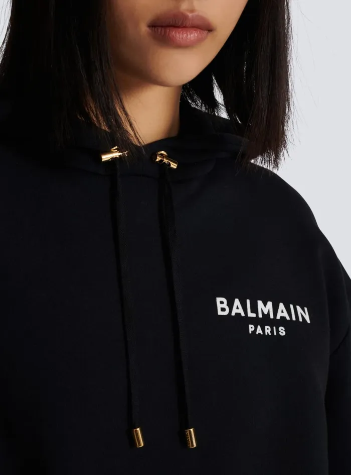 Flocked Paris Hoodie Black Women Balmain Sweatshirts
