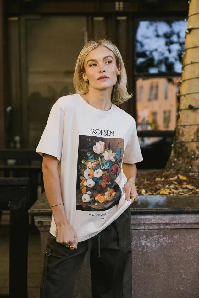 Flowers And Fruit Graphic Tee Cream Women Bohme Tees and Tanks