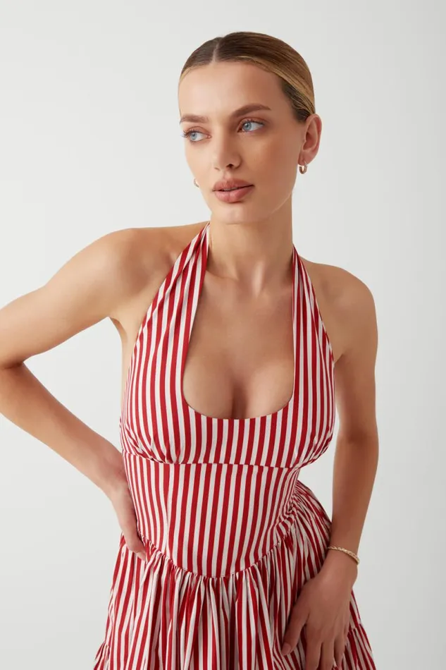 Frankies Bikinis Dresses Women Tulsa Halter Midi Dress Scarlet Stripe