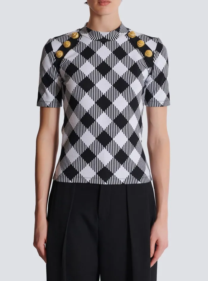 Gingham Button Tshirt Black Women Balmain TShirts