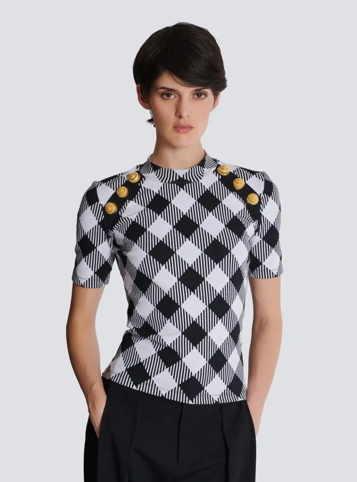 Gingham Button Tshirt Black Women Balmain TShirts