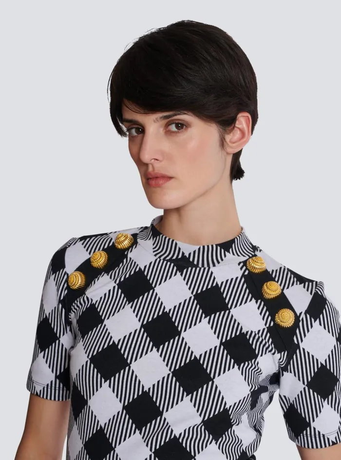 Gingham Button Tshirt Black Women Balmain TShirts