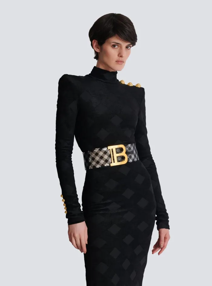 Gingham Embroidered BBelt Black Women Balmain Belts