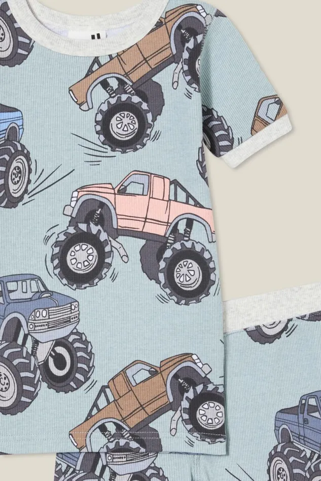 Girls 214Boys 214 Sleepwear Cotton On Tyler Short Sleeve Pyjama Set Stone Greenmonster Trucks