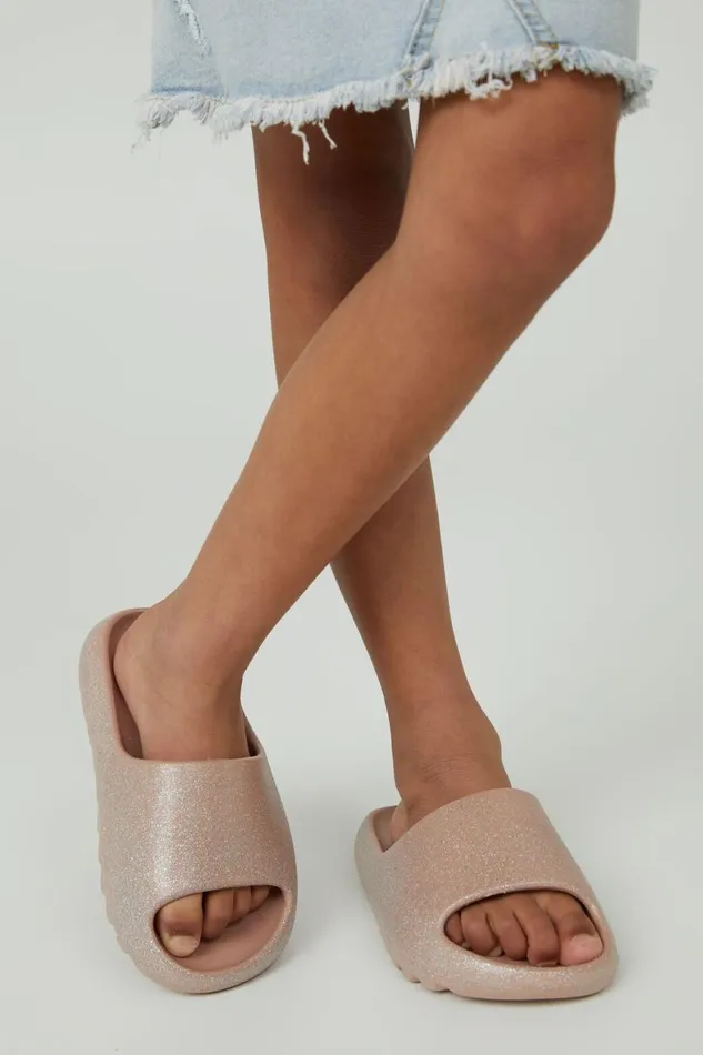 Girls 214 Flats and Sandals Cotton On Sunny Beach Slide Rose Gold Glitter
