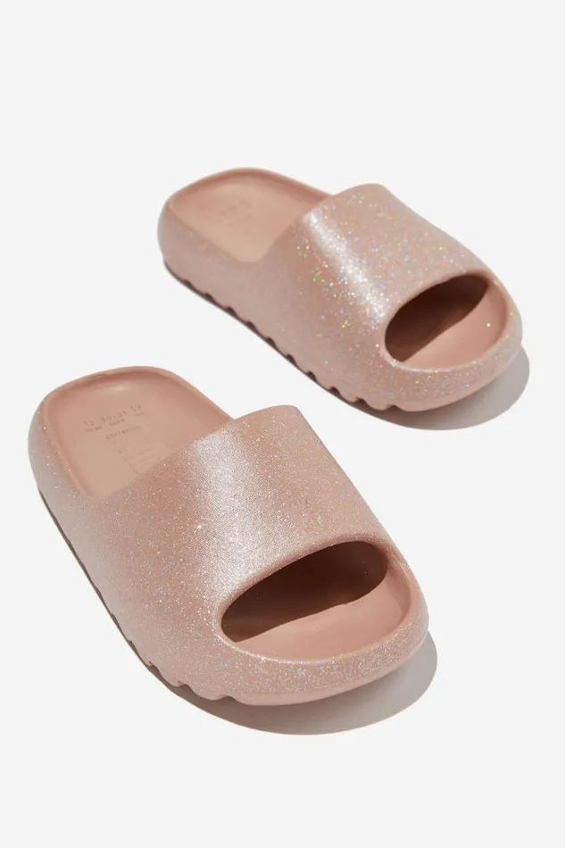 Girls 214 Flats and Sandals Cotton On Sunny Beach Slide Rose Gold Glitter
