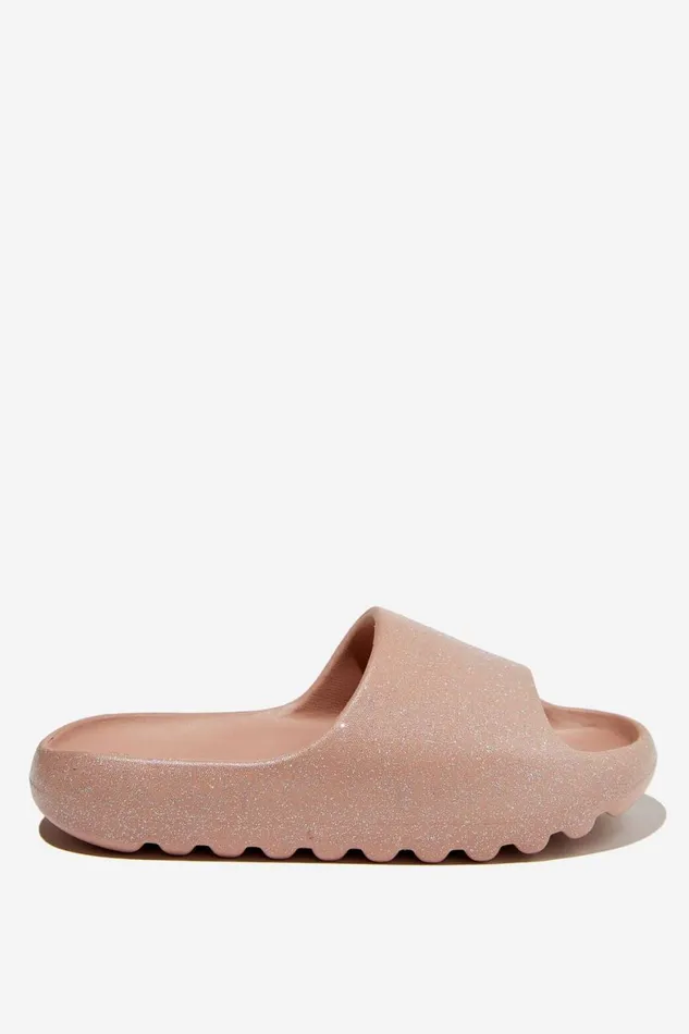 Girls 214 Flats and Sandals Cotton On Sunny Beach Slide Rose Gold Glitter
