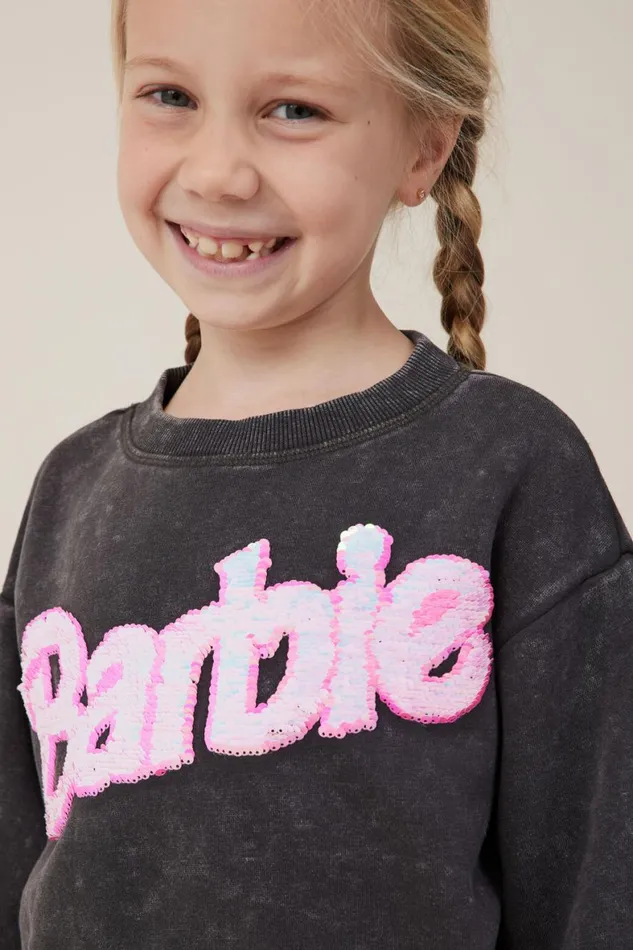 Girls 214 Sweatshirts and Sweatpants Cotton On License Dusty Fleece Crew Neck Lcn Mat Barbie Logophantom Wash
