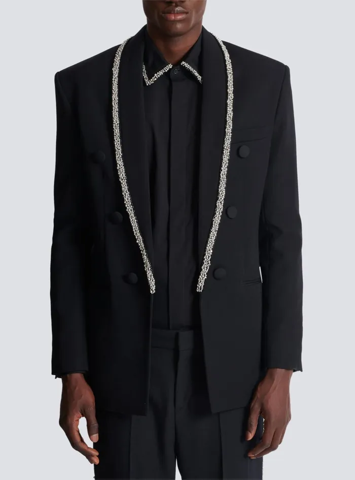 Grain De Poudre Jacket With Embroidered Collar Black Men Balmain Jackets And Blazers