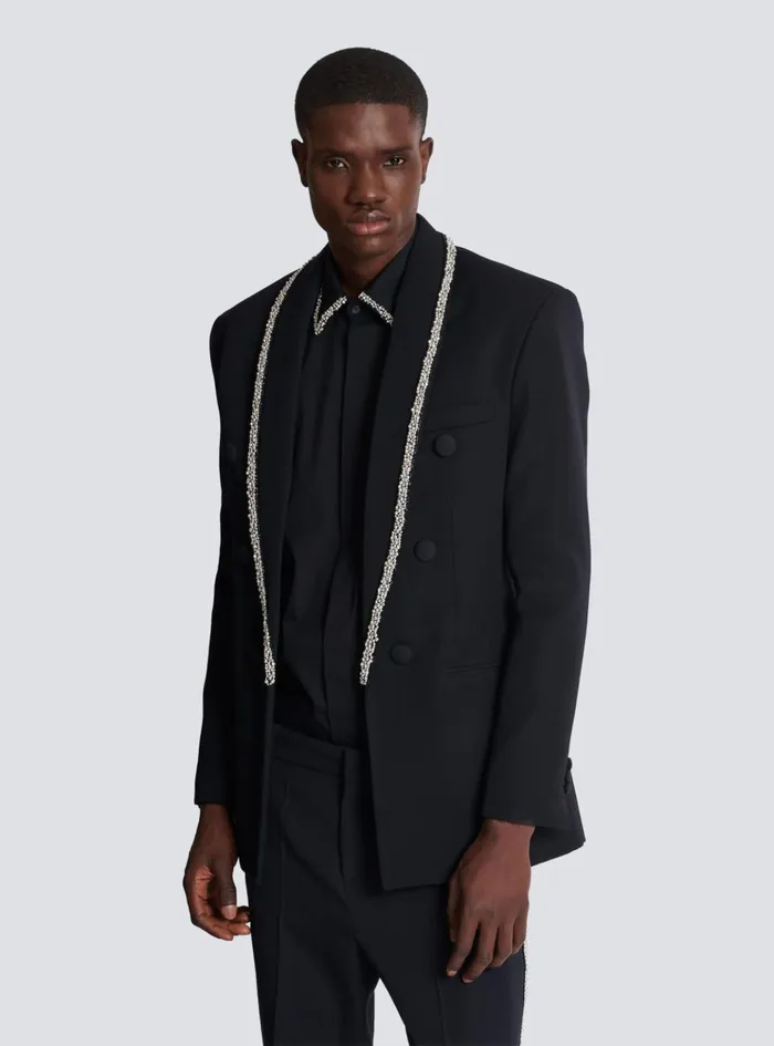 Grain De Poudre Jacket With Embroidered Collar Black Men Balmain Jackets And Blazers