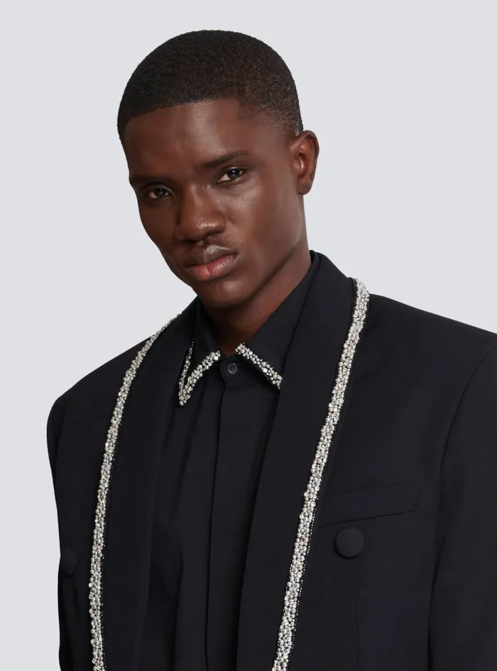 Grain De Poudre Jacket With Embroidered Collar Black Men Balmain Jackets And Blazers