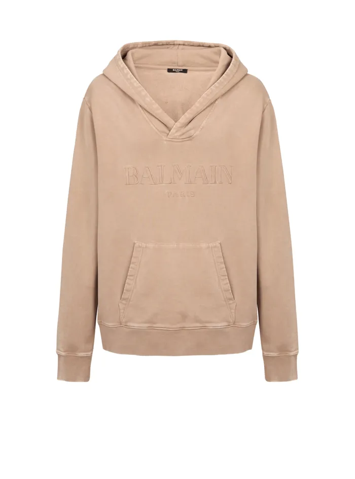 Hoodie With Vintage Embroidery Beige Men Balmain Sweatshirts