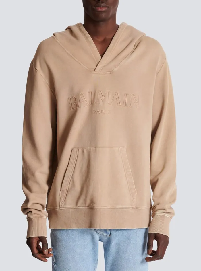 Hoodie With Vintage Embroidery Beige Men Balmain Sweatshirts