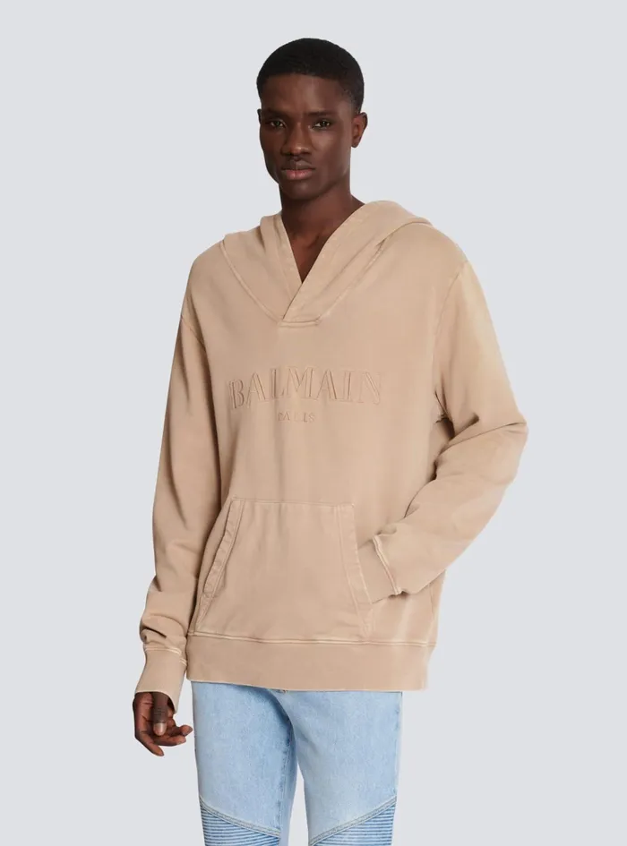 Hoodie With Vintage Embroidery Beige Men Balmain Sweatshirts